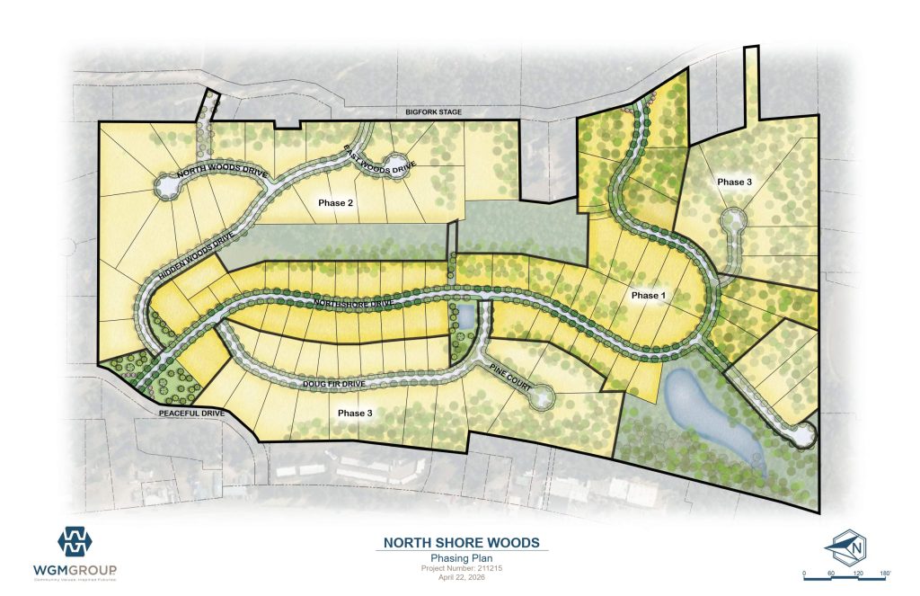 North Shore Woods Phasing Plan map showing Phase 1–3 areas, winding roads and wooded zones.